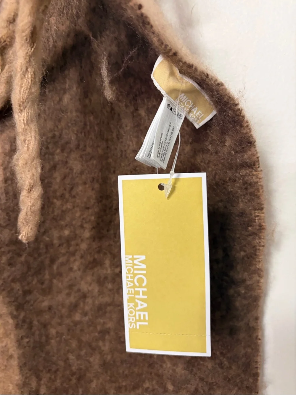 Michael Kors Oversized Logo Knit Fringe Wrap Scarf NWT brown tan soft